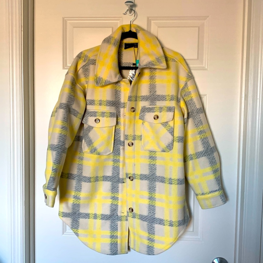 Gray and yellow plaid jacket.
